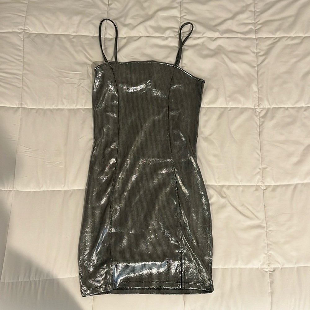 H&M New Mini Metallic Silver Dress